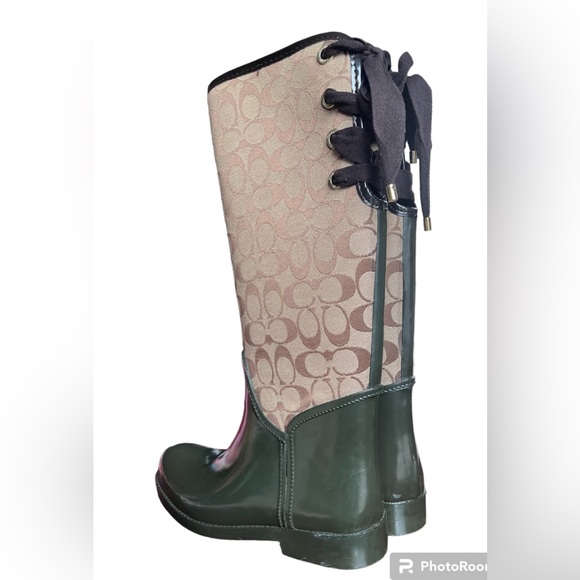 Coach Tristee Monogram Logo Print Coated Canvas Lace Up Back Tall Rain Boots 10 - Picture 4 of 15